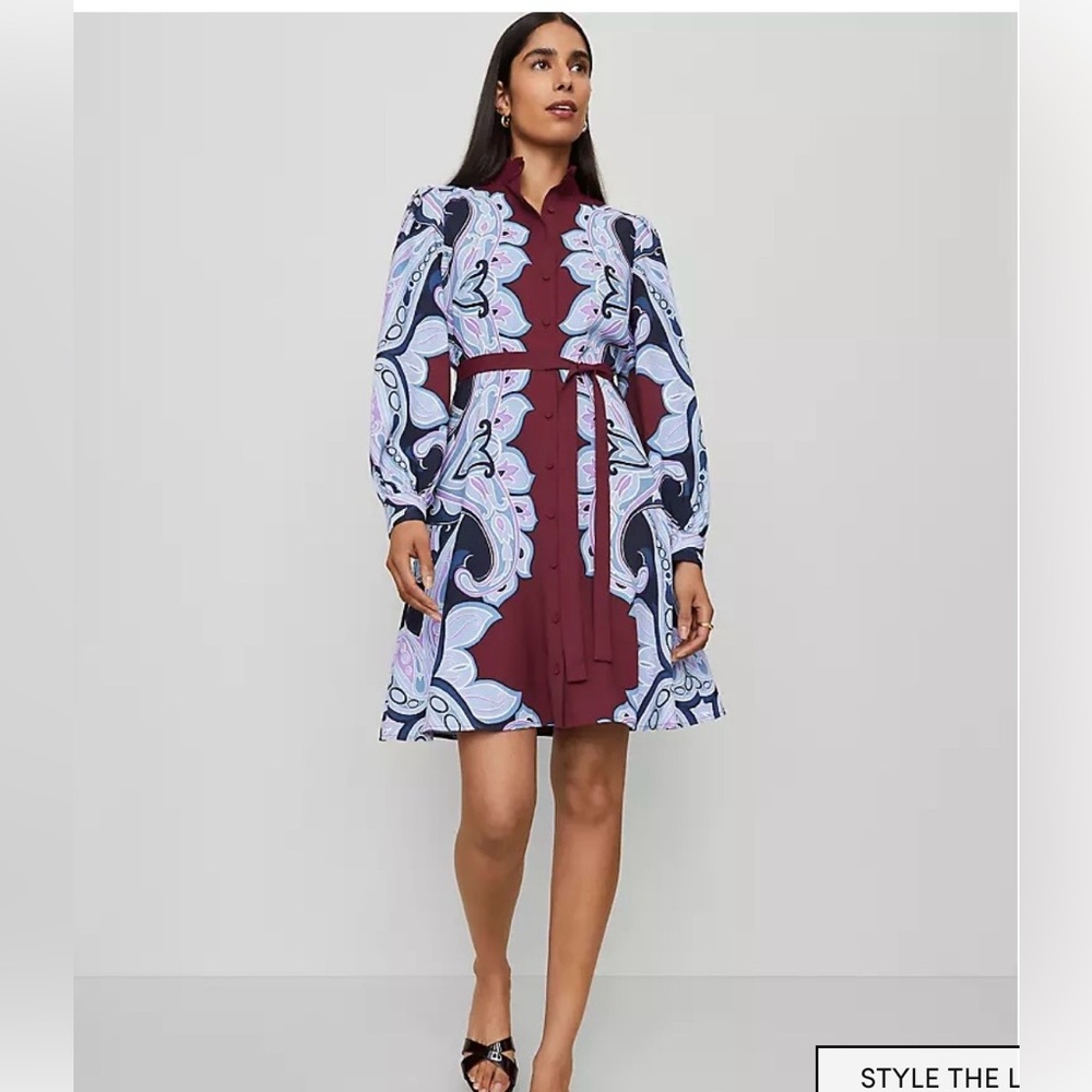 Ann Taylor Burgundy and Navy Blue Paisley Long Sleeve Dress